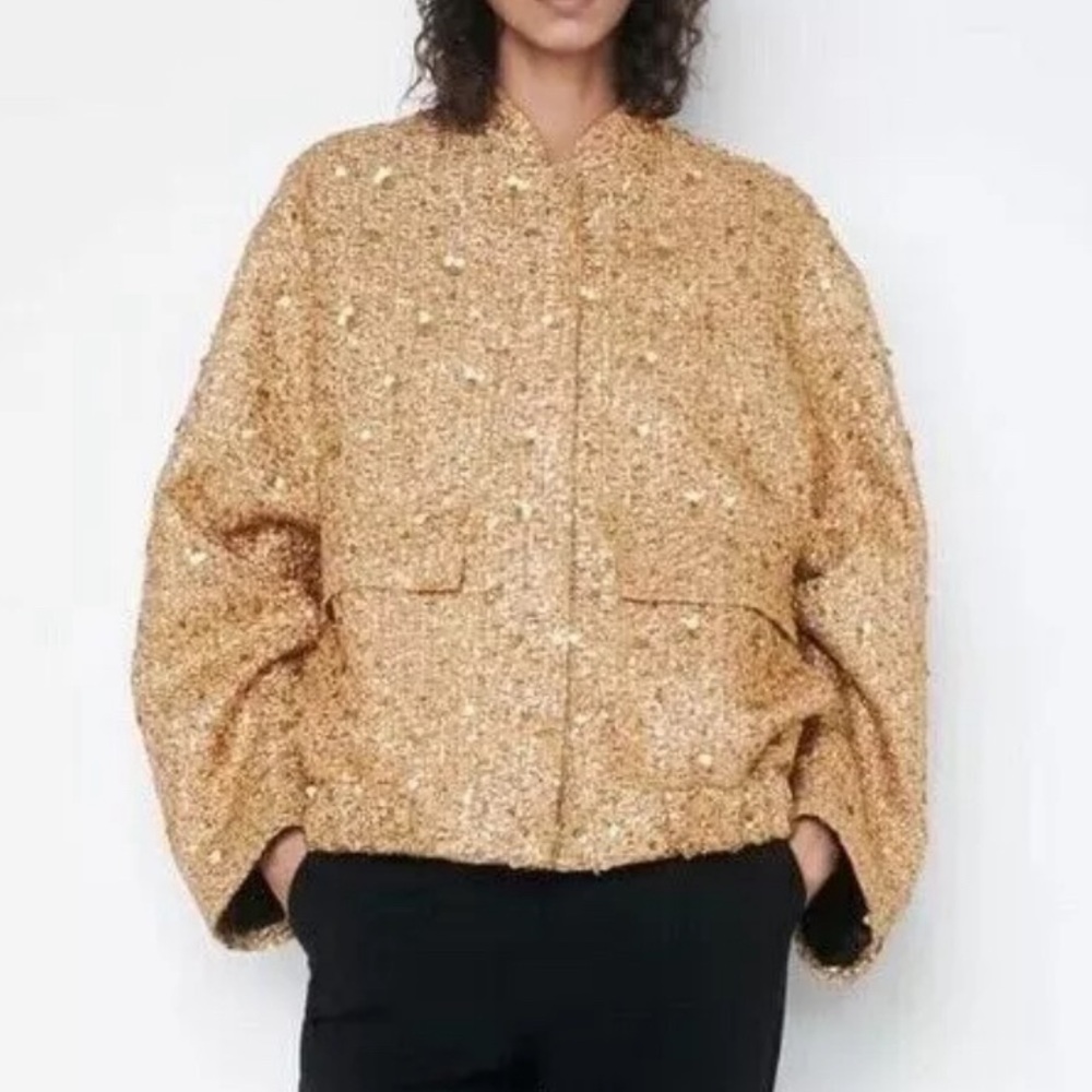 Zara-style gold sequined bomber jacket, Autumn 2023